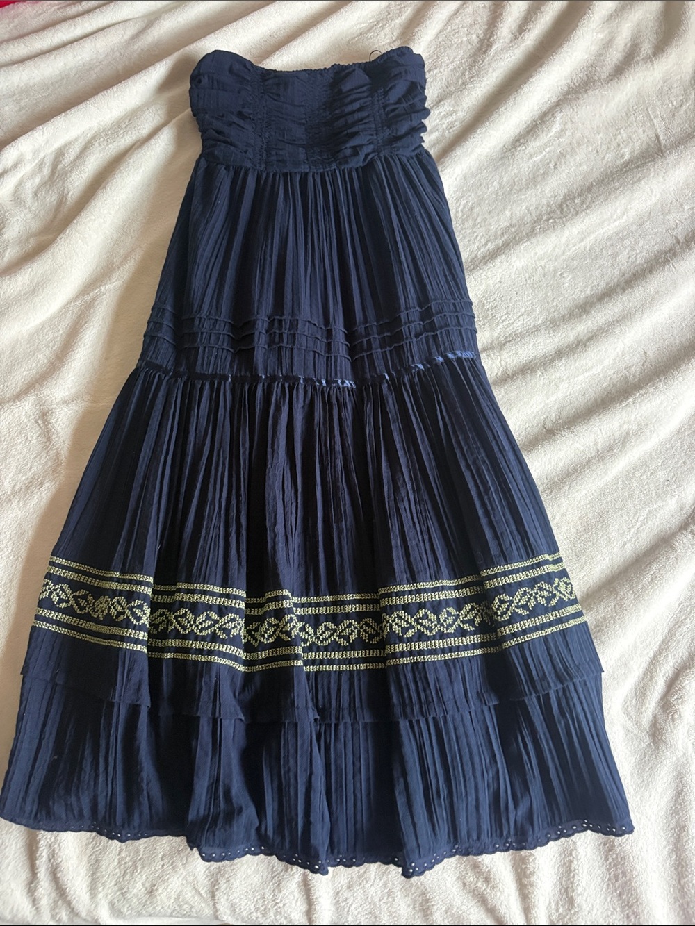 Free People Navy Maxi Dress with Cream Embroidery
